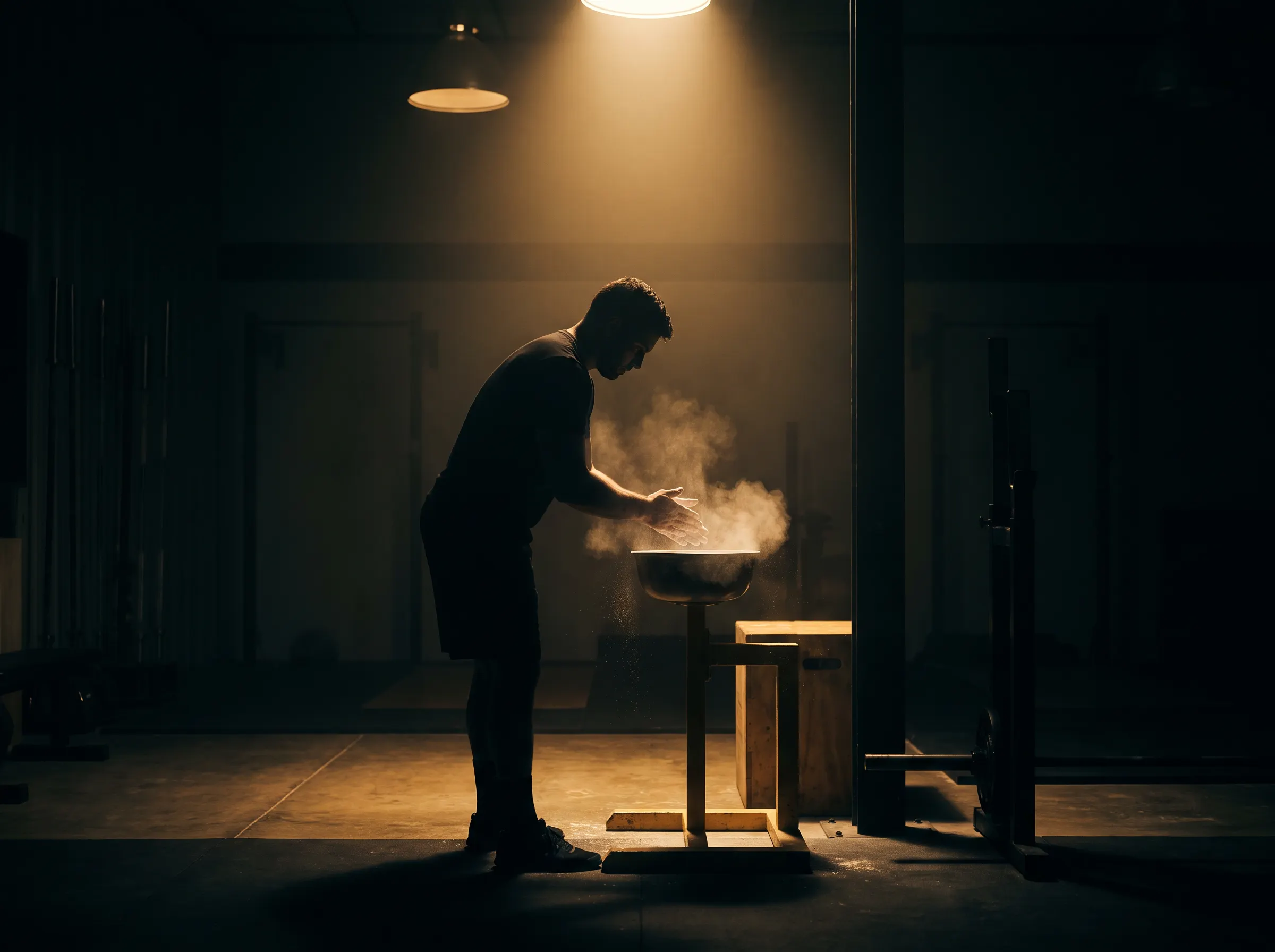 Athlete chalking hands before a lift in a dark gym